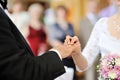 Bride putting a wedding ring on groom's finger