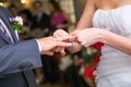 Bride putting a wedding ring on groom's finger