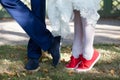 Feet of the bride and groom in shoes Royalty Free Stock Photo