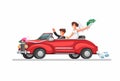 Bride on retro convertible car just married couple. wedding car symbol in cartoon illustration vector on white background
