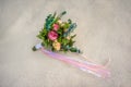 The bride`s bouquet. Beautiful bouquet of white, blue, pink flowers and greenery Royalty Free Stock Photo