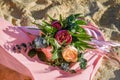 The bride`s bouquet. Beautiful bouquet of white, blue, pink flowers and greenery Royalty Free Stock Photo