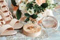 Bride`s bouquet, beige shoes, wedding rings and perfume. The bride`s accessories Royalty Free Stock Photo