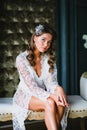 Close-up portrait of young beautiful bride preparing to wedding ceremony Royalty Free Stock Photo