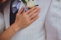 The bride's hand and wedding ring