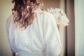 Bride`s morning, woman wearing silk dressing gown Royalty Free Stock Photo