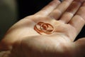 Bride's wedding bands in the palm of hand