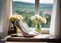 The bride\'s white high-heeled shoes stand on a wide windowsill. Close-up