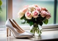 The bride\'s white high-heeled wedding shoes stand on the windowsill. Nearby is a bouquet of roses in a vase. Close-up