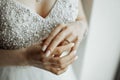 Bride showing off her wedding ring. Royalty Free Stock Photo