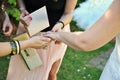Bride shows her new wedding ring to female friends Royalty Free Stock Photo