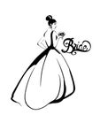 Bride silhouette Vector line art. Beautiful long dress . Template for design cards Royalty Free Stock Photo