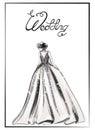 Bride silhouette Vector line art. Beautiful long dress . Template for design cards Royalty Free Stock Photo