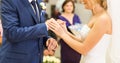 Bride slipping ring on finger of groom at wedding