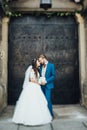 Bride standing in background church door Royalty Free Stock Photo