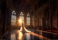 A bride standing in front of stain glass windows of a church