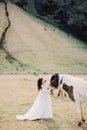 Bride strokes a horse in a mountain valley. Iceland
