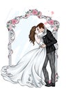 The bride in a suit and the bride in a wedding dress near a flower arch. Vector illustration for a postcard or a poster.