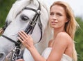 Bride, summer and horse with face, outdoors and smile for nature, connection and celebration. Woman, animal and uk Royalty Free Stock Photo