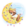 bride teddy bear character is sleeping on the moon with lamp. Vector illustration of a cute baby bear for valentine card