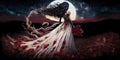 Bride Twirling in White Wedding Dress in a Field of Red Flowers Against an Eerie Night Sky Royalty Free Stock Photo