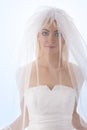 Bride with veil on the face in front of the camera Royalty Free Stock Photo