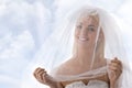 Bride with veil on the face smiles Royalty Free Stock Photo