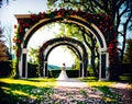 A bride walking down the aisle towards the altar in a beautiful garden. Royalty Free Stock Photo
