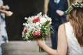 Bride walking up the stairs to the chapel