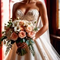 Bride wearing bridal dreas and holding flower boquet for marriage ceremony traditional celebration Royalty Free Stock Photo