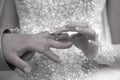 Bride is wearing a ring on the hand of the groom Royalty Free Stock Photo