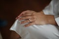 Bride wearing wedding ring engagement.