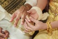 Bride wearing wedding ring for her groom hand Royalty Free Stock Photo