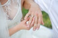 Bride wears a gold wedding ring on the finger of the groom Royalty Free Stock Photo