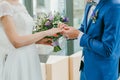Bride wears a ring on groom`s finger