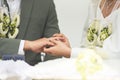 The bride wears a wedding ring on groom on right hand ring finger on her wedding day