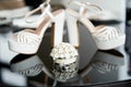 Bride wedding set with shoes and engagement rings, close-up Royalty Free Stock Photo