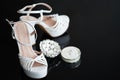 Bride wedding set with shoes and engagement rings, close-up Royalty Free Stock Photo