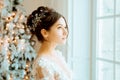 Bride. Wedding. The bride in a short dress with lace in the crow Royalty Free Stock Photo