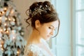 Bride. Wedding. The bride in a short dress with lace in the crow Royalty Free Stock Photo