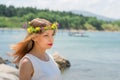 Bride with wedding crown and bouquet of seashels Royalty Free Stock Photo