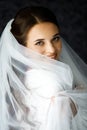 Bride with wedding makeup and hairstyle. Fashion bride. Attractive bride in white robe in wedding morning. Royalty Free Stock Photo