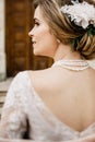 Bride with wedding makeup and hairstyle. Smiling bride. Wedding