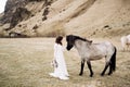 The bride in a white dress and a bouquet in her hands, stroking a horse with a black mane in the face, in a field of Royalty Free Stock Photo