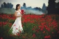 Bride in a white dress with bouquet of red poppies, warm sunset time on the background of the big red poppy field. Copy space. The Royalty Free Stock Photo