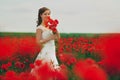 Bride in a white dress with bouquet of red poppies, warm sunset time on the background of the big red poppy field. Copy space. The Royalty Free Stock Photo