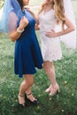 Bride in a white dress with a girlfriend in nature. hen-party