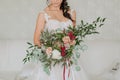 Bride white dress luxurious bouquet decorated eucalyptus Royalty Free Stock Photo