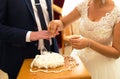 Bride in white dress putting a wedding ring on the finger of her bridegroom in suit. Royalty Free Stock Photo