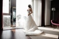 Bride in white lacy wedding dress and veil looking through the window Royalty Free Stock Photo